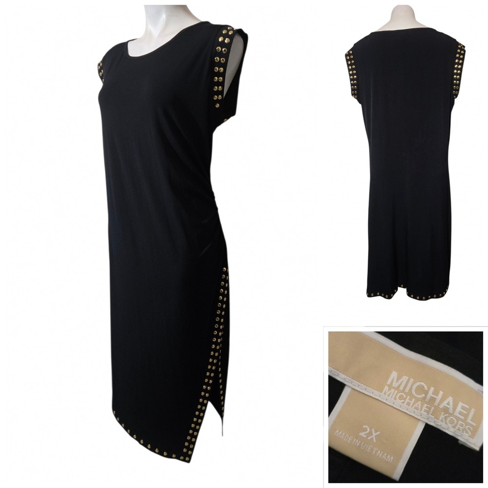 Michael Michael Kors Black Gold Studded Sleeveless Sheath Dress 2X Plus Size